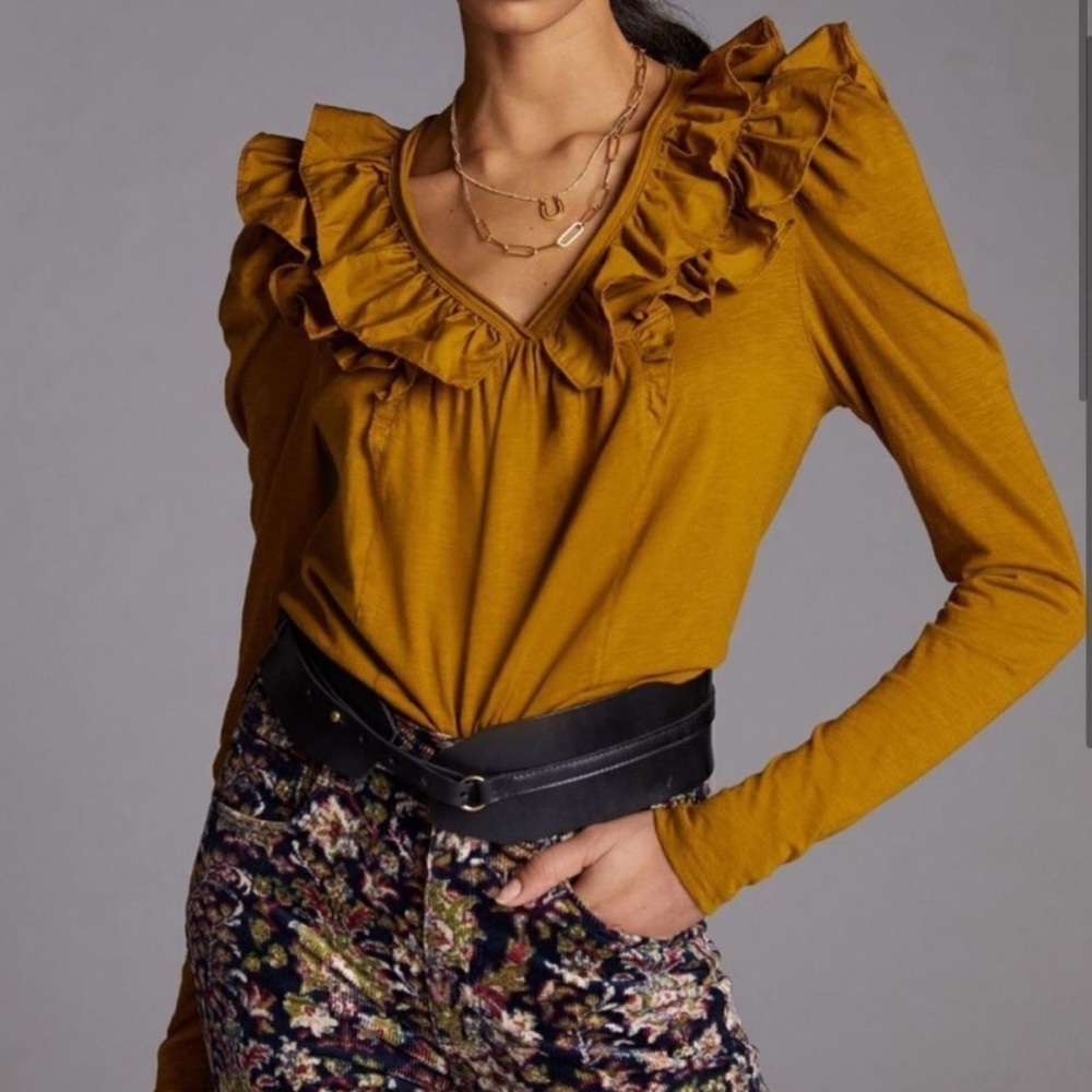Anthropologie Ruffled Bib Collar Blouse in Mustard
